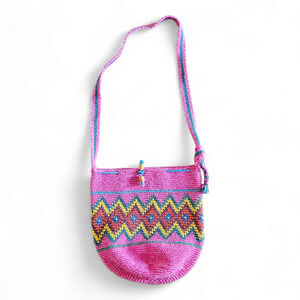 Pink Crochet Multicolor Boho Crossbody Shoulder Strap Tassled Bucket Bag